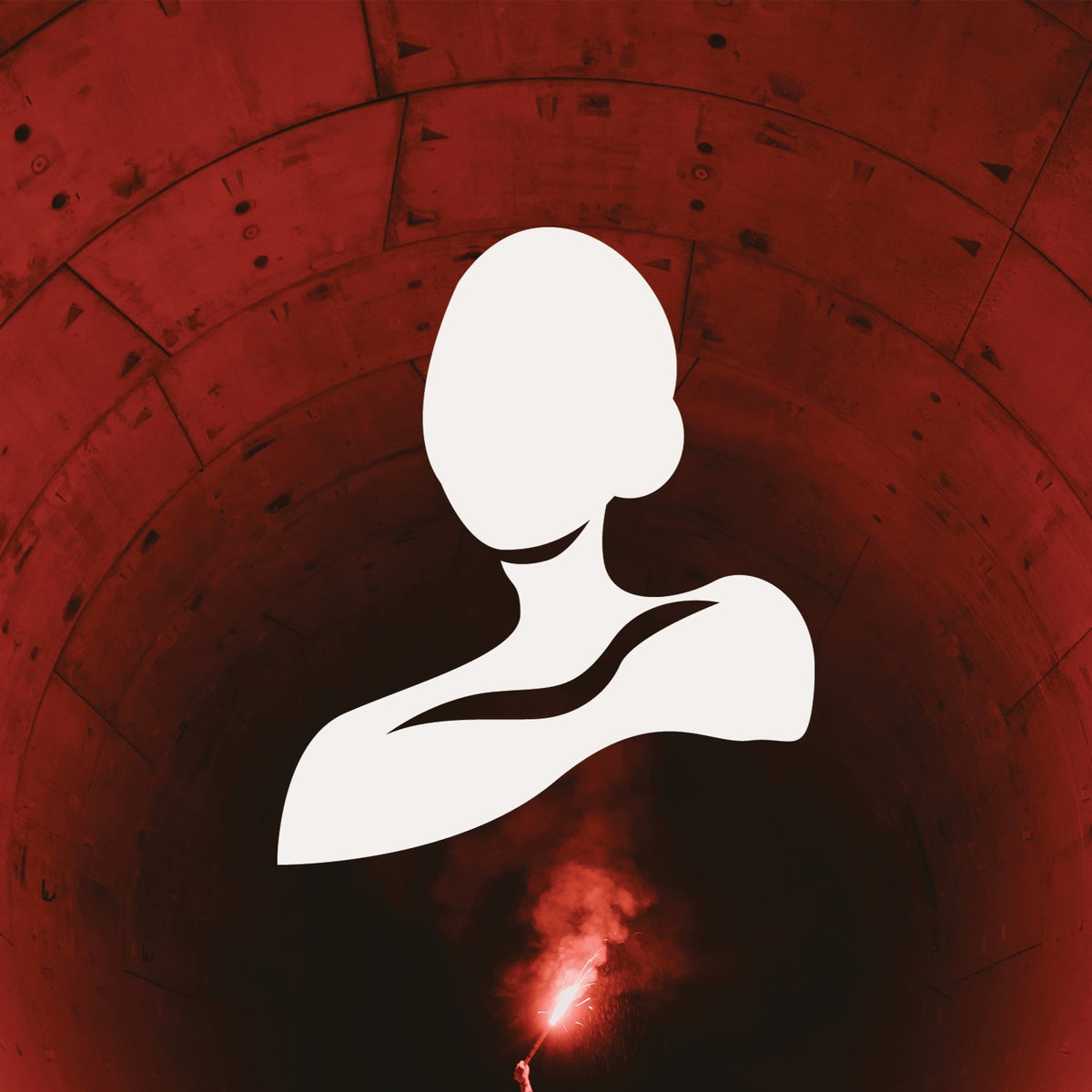 warm background, red tones, with silhoette of female head and shoulders, elegant and white graphic
