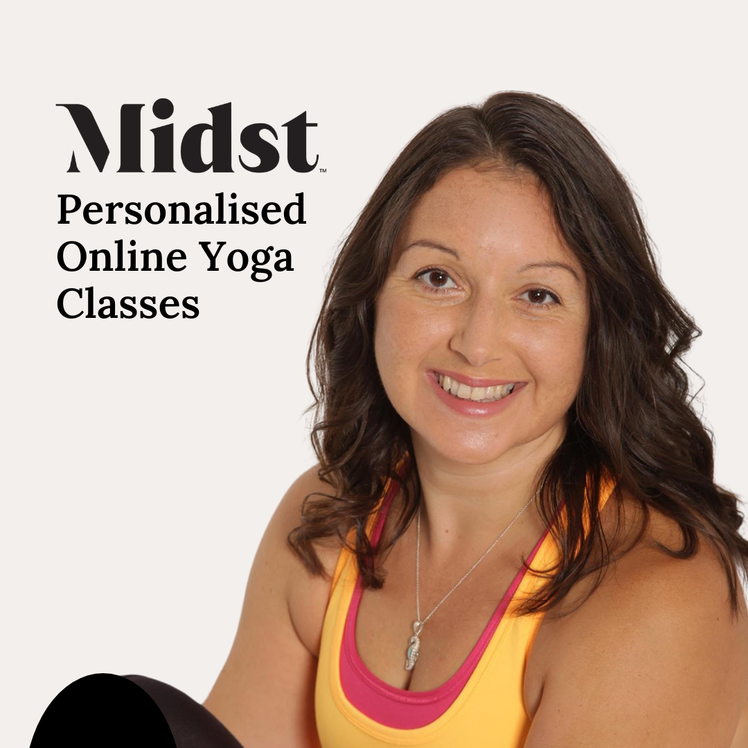 Alison Beadle, Midst Yoga Teacher. Alison is smiling at the camera wearing yellow and red vest. Picture is head and shoulders.