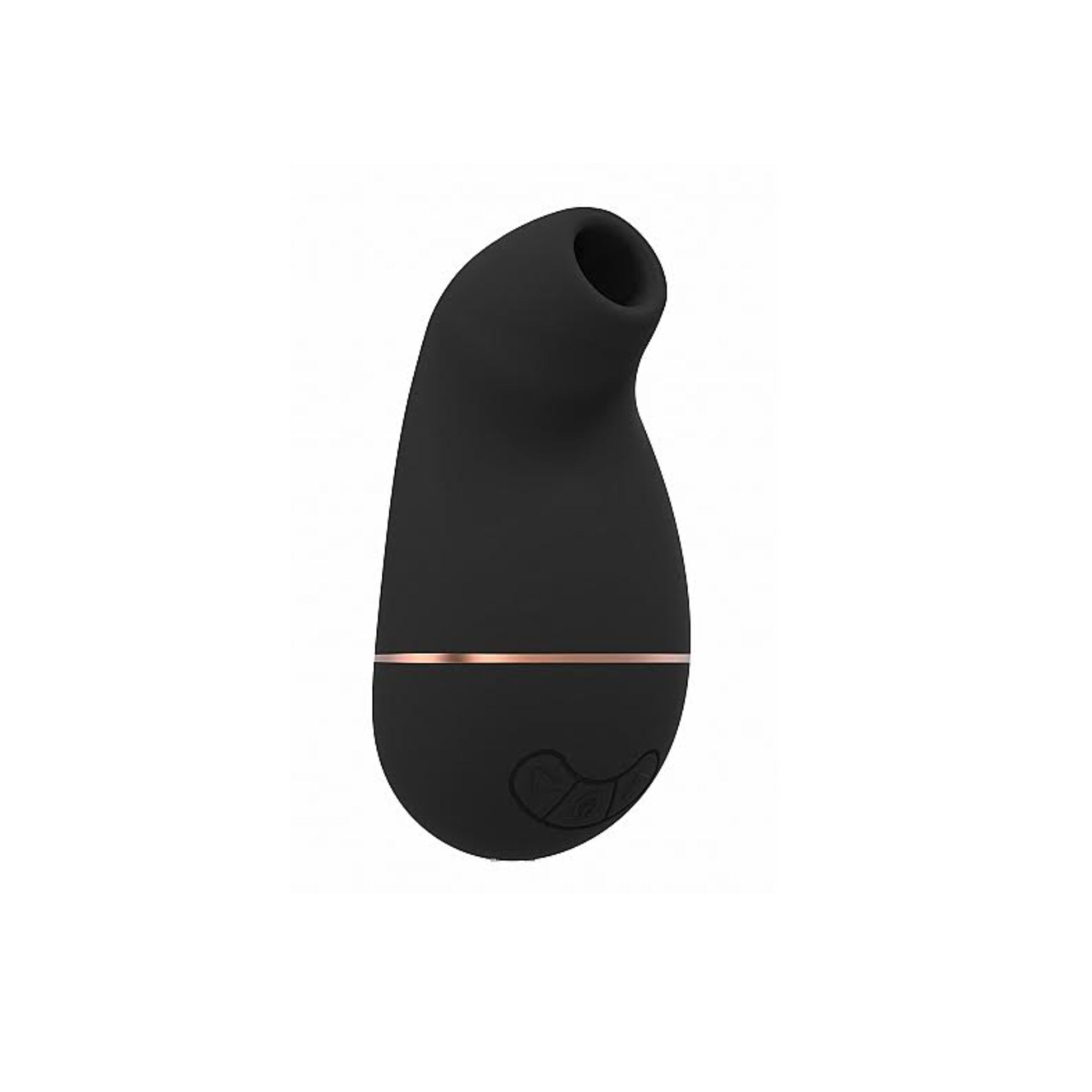 Small, black smooth air vibrator. A gentle pear shape, with line of gold at its widest point, and a 1 cms hole at its top.