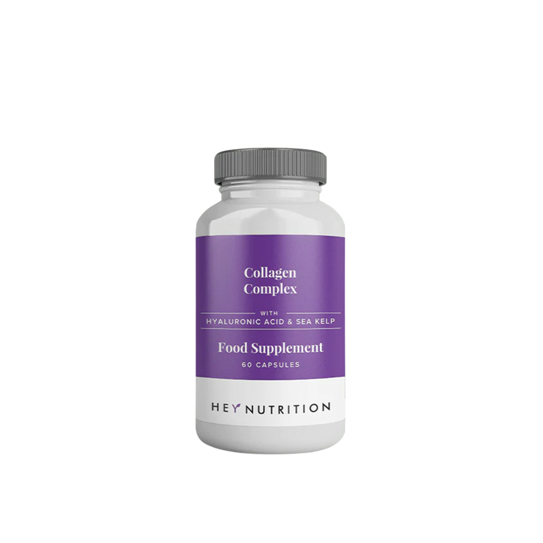 Grey supplement bottle with purple label, Hey Nutrition logo