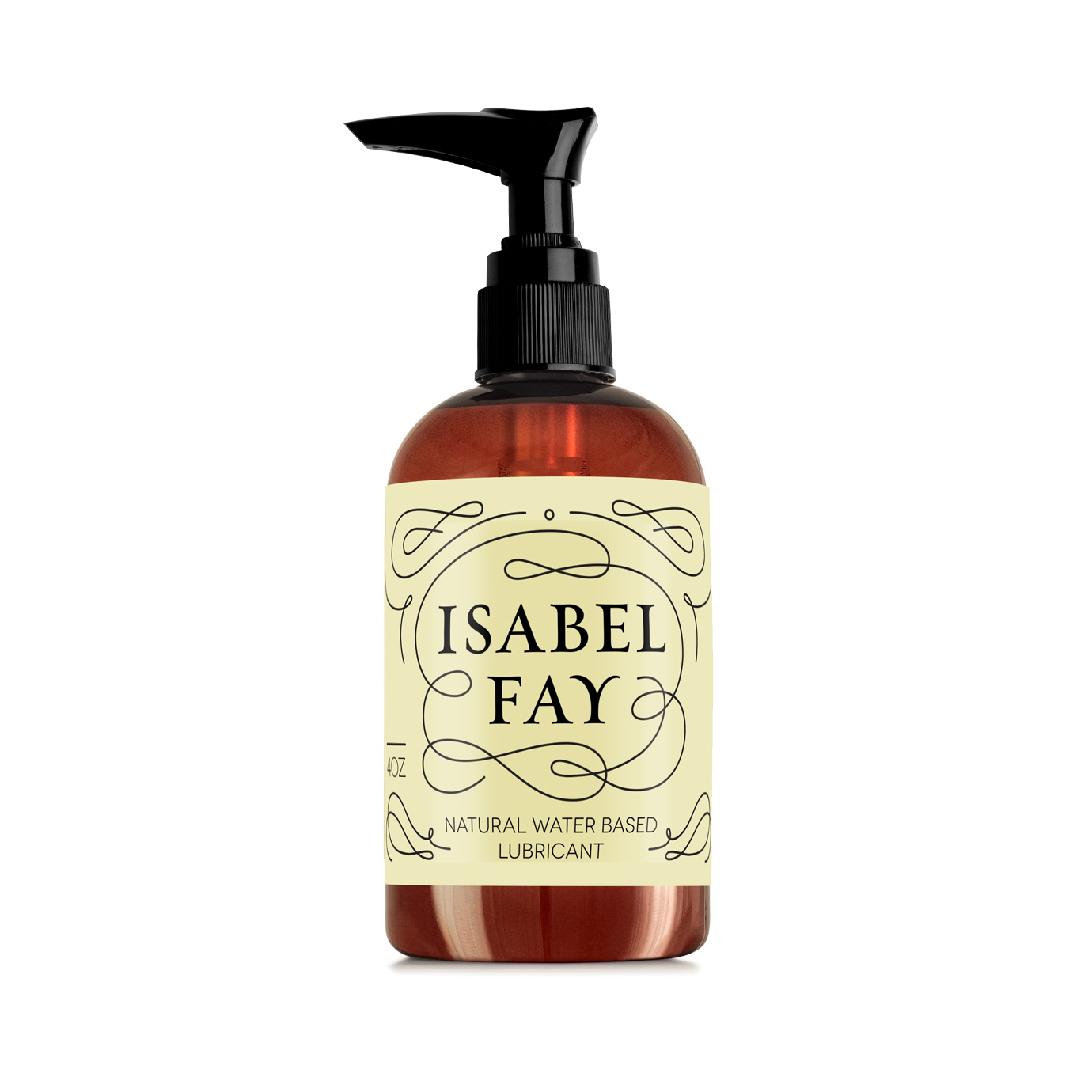 Brown bottle, 40z, with black pump nozzle, and yellow/cream label with Isabel Fay written in serif font with decorative black lines and swirls to decorate the label.