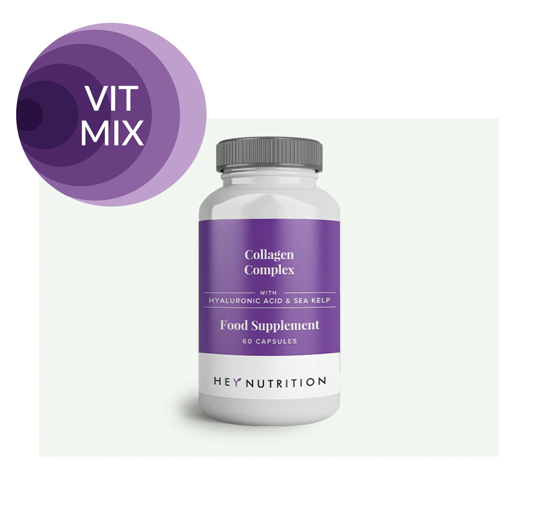 Grey supplement bottle with purple label, Hey Nutrition and VIT KITlogo