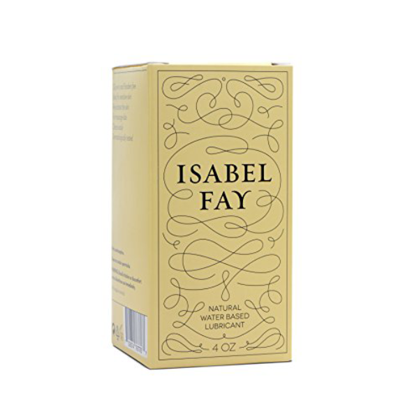 Isabel Fay yellow rectagular packaging box with Isabel Fay logo and black decorative swirls.