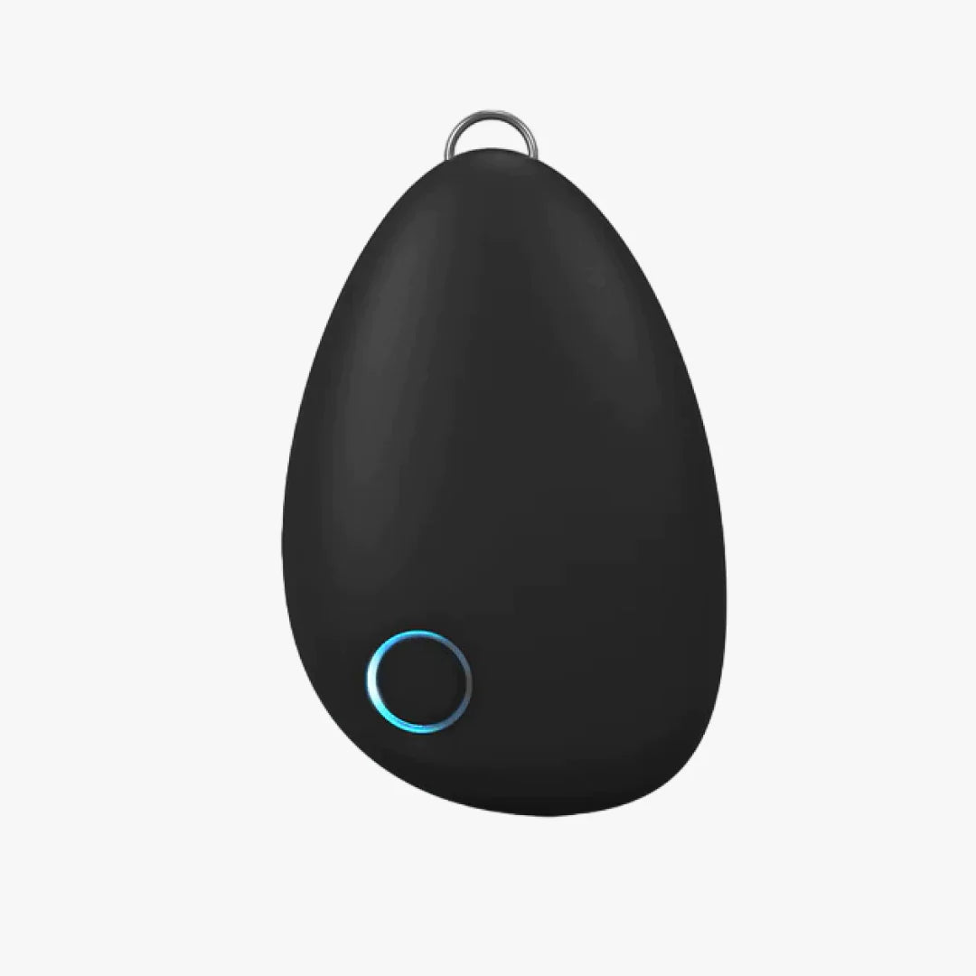 Visual on white background of a single Sensate black device, almost a flat egg shape.